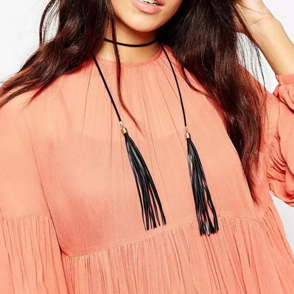 NEW Double Tassel Choker Faux Leather Black